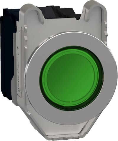 Schneider Electric Illuminated push button, Harmony XB4, metal, green flush mounted, 30mm, universal LED, plain lens, 1NO + 1NC, 24V AC DC XB4FW33B5