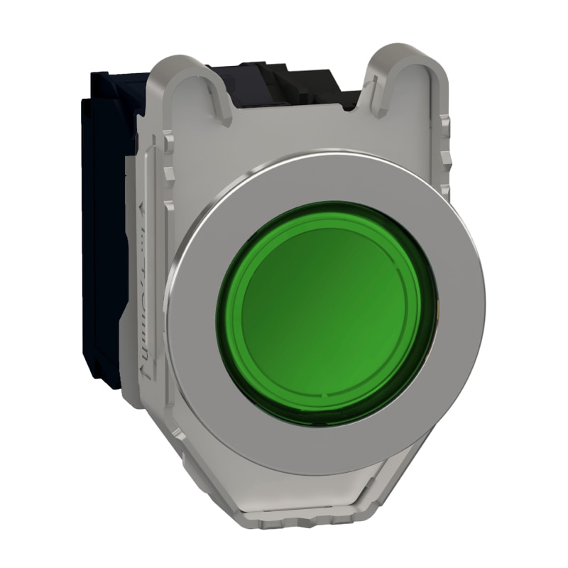 Schneider Electric Illuminated push button, Harmony XB4, metal, green flush mounted, 30mm, universal LED, plain lens, 1NO + 1NC, 230V AC XB4FW33M5