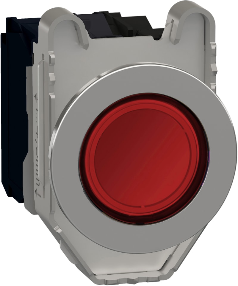 Schneider Electric Illuminated push button, Harmony XB4, metal, red flush mounted, 30mm, universal LED, plain lens, 1NO + 1NC, 24V AC DC XB4FW34B5