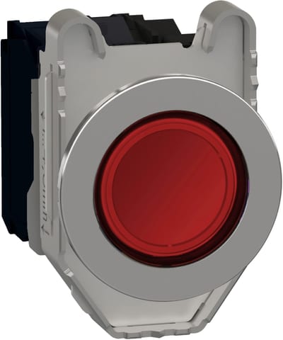 Schneider Electric Illuminated push button, Harmony XB4, metal, red flush mounted, 30mm, universal LED, plain lens, 1NO + 1NC, 24V AC DC XB4FW34B5
