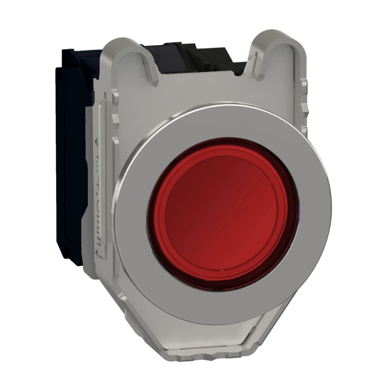 Schneider Electric Illuminated push button, Harmony XB4, metal, red flush mounted, 30mm, universal LED, plain lens, 1NO + 1NC, 230V AC XB4FW34M5
