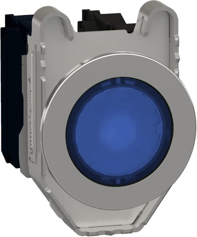 Schneider Electric Illuminated push button, Harmony XB4, metal, blue flush mounted, 30mm, universal LED, plain lens, 1NO + 1NC, 24V AC DC XB4FW36B5