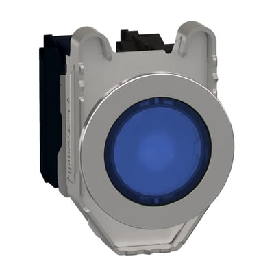 Schneider Electric Illuminated push button, Harmony XB4, metal, blue flush mounted, 30mm, universal LED, plain lens, 1NO + 1NC, 230V AC XB4FW36M5