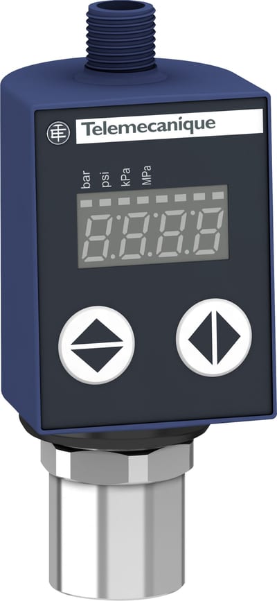 Telemecanique XMLR025G1P25 Pressure Sensor with Display, 0–25 bar, 4–20 mA + 1× PNP