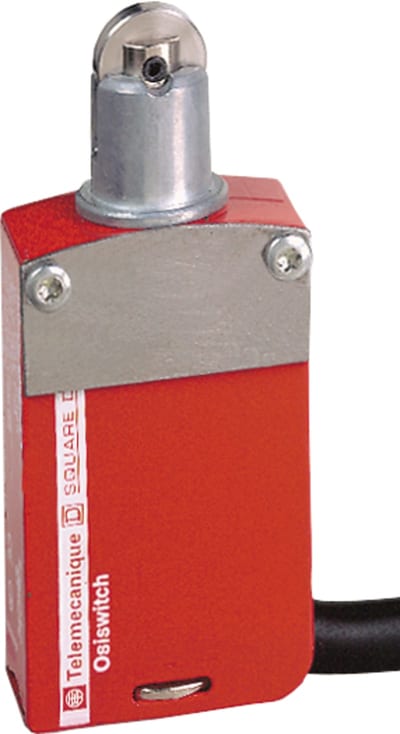 Telemecanique XCSM safety limit switch, metal Zamak body, roller plunger head, slow-break contacts, 2 NC + 1 NO with positive opening, 1 m pre-wired cable, IP68 XCSM3702L1