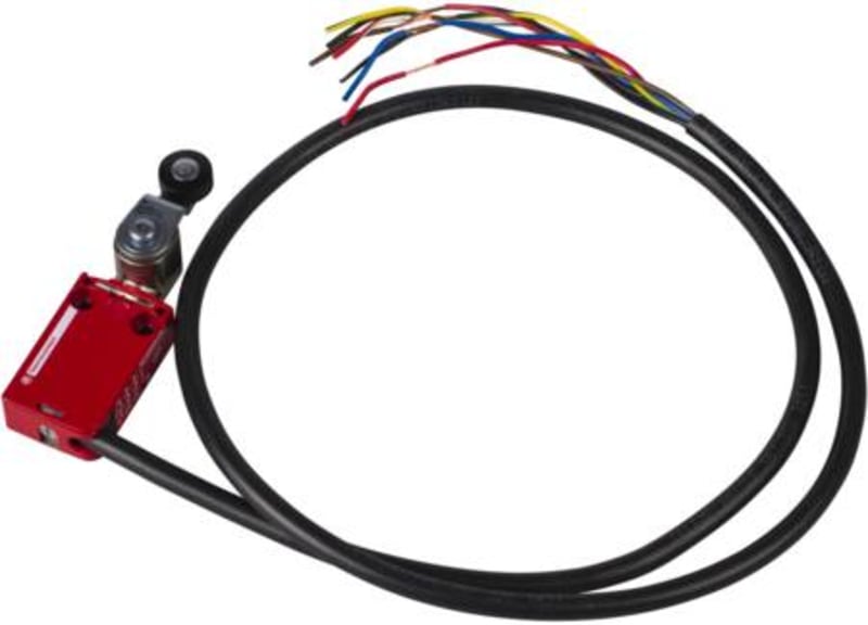 Telemecanique XCSM safety limit switch, metal Zamak body, rotary head with thermoplastic roller lever, slow-break contacts, 2 NC + 1 NO with positive opening, 1 m pre-wired cable, IP68 XCSM3715L1
