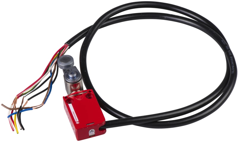 Telemecanique XCSM safety limit switch, metal Zamak body, rotary head with steel roller lever, slow-break contacts, 2 NC + 1 NO with positive opening, 1 m pre-wired cable, IP68 XCSM3716L1