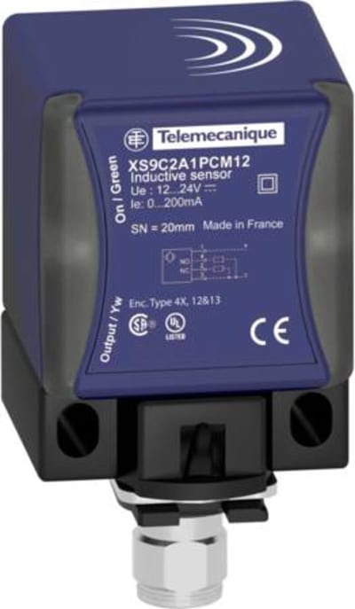 Telemecanique OsiSense XS9C2A1PCM12 Inductive Proximity Sensor — 40 × 40 × 70 mm block, Sn 20 mm, PNP, NO or NC, M12 connector (4-Pin)