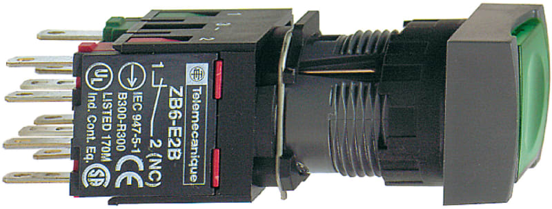 Schneider Electric Complete illuminated push button, Harmony XB6, green square flush, 16mm, spring return 1NO 12...24V XB6CW3B1B