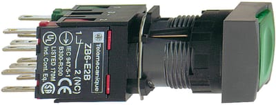 Schneider Electric Complete illuminated push button, Harmony XB6, green square flush, 16mm, spring return 1NO 12...24V XB6CW3B1B