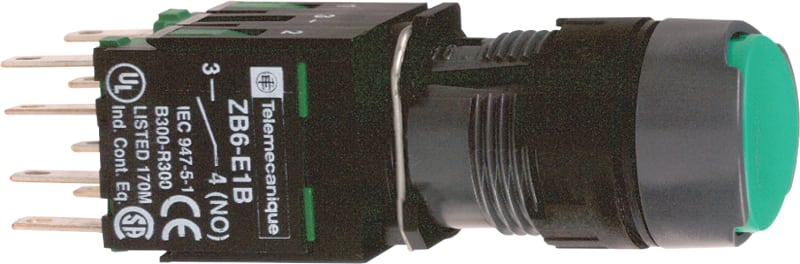 Schneider Electric Complete push button, Harmony XB6, green flush pushbutton, 16mm, spring return, 1NO, unmarked XB6AA31B