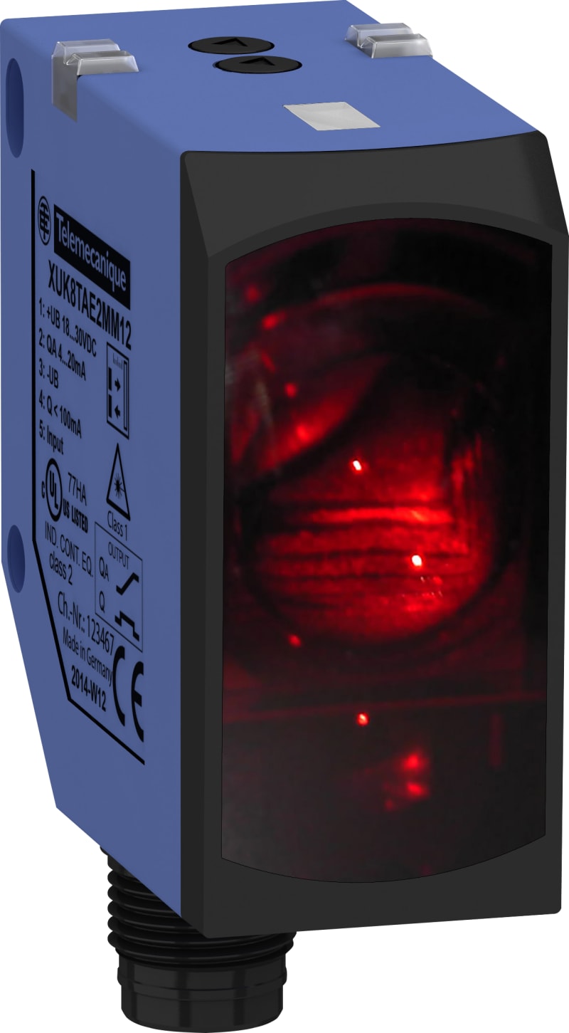Telemecanique XUK8TAE2MM12 Photoelectric Distance Sensor, 0–1.5 m, 4–20 mA, M12 Connector