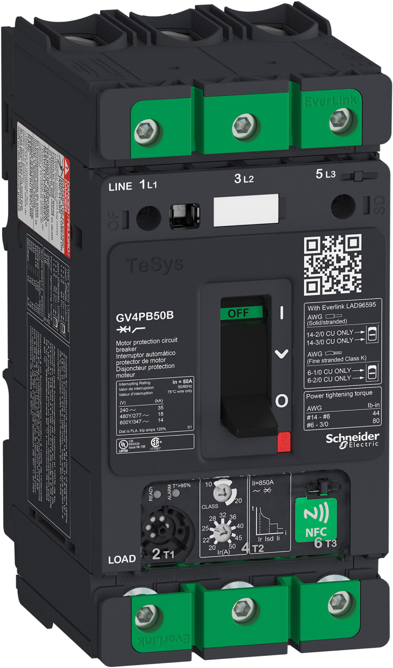 Schneider Electric Motor circuit breaker, TeSys GV4, 3P, 50A, Icu 25KA, thermal magnetic multifunction, UL489 GV4PB50B
