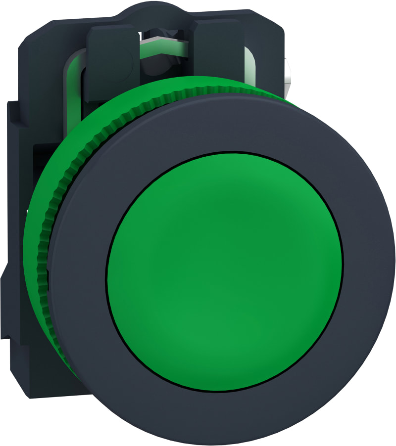 Schneider Electric Push button flush mounted, Harmony XB5, plastic, green, 30mm, spring return, unmarked, 1NO XB5FA31