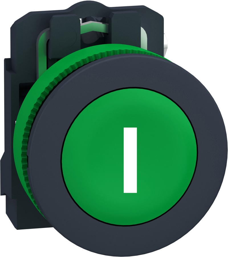 Schneider Electric Push button flush mounted, Harmony XB5, plastic, green, 30mm, spring return, marked I, 1NO XB5FA3311