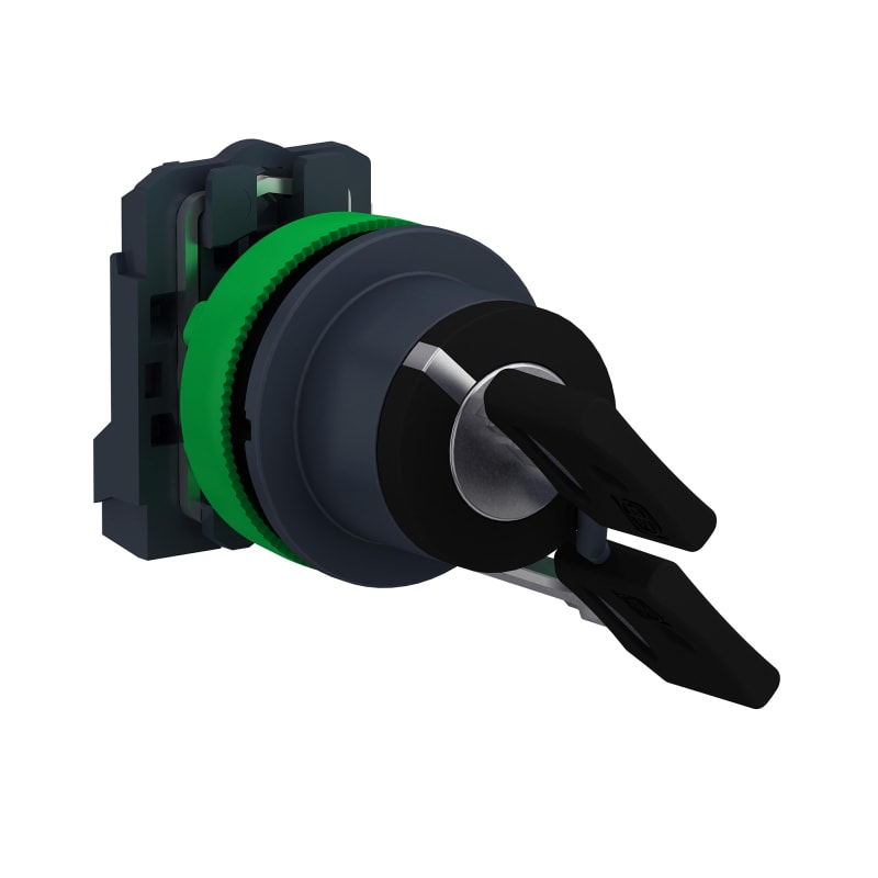 Schneider Electric Key switch selector flush mounted, Harmony XB5, plastic, black, 30mm, key 455, 2 positions, spring return right to left, 1 NO XB5FG61