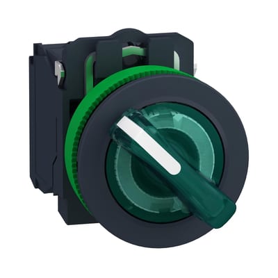 Schneider Electric Illuminated selector switch, Harmony XB5, grey plastic, green handle, 30mm, universal LED, 2 positions, 1NO + 1NC, 24V AC DC XB5FK123B5