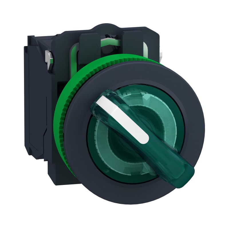 Schneider Electric Illuminated selector switch, Harmony XB5, grey plastic, green handle, 30mm, universal LED, 2 positions, 1NO + 1NC, 230...240V AC XB5FK123M5