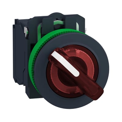 Schneider Electric Illuminated selector switch, Harmony XB5, grey plastic, red handle, 30mm, universal LED, 2 positions, 1NO + 1NC, 110...120V AC XB5FK124G5