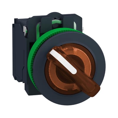 Schneider Electric Illuminated selector switch, Harmony XB5, grey plastic, orange handle, 30mm, universal LED, 2 positions, 1NO + 1NC, 230...240V AC XB5FK125M5