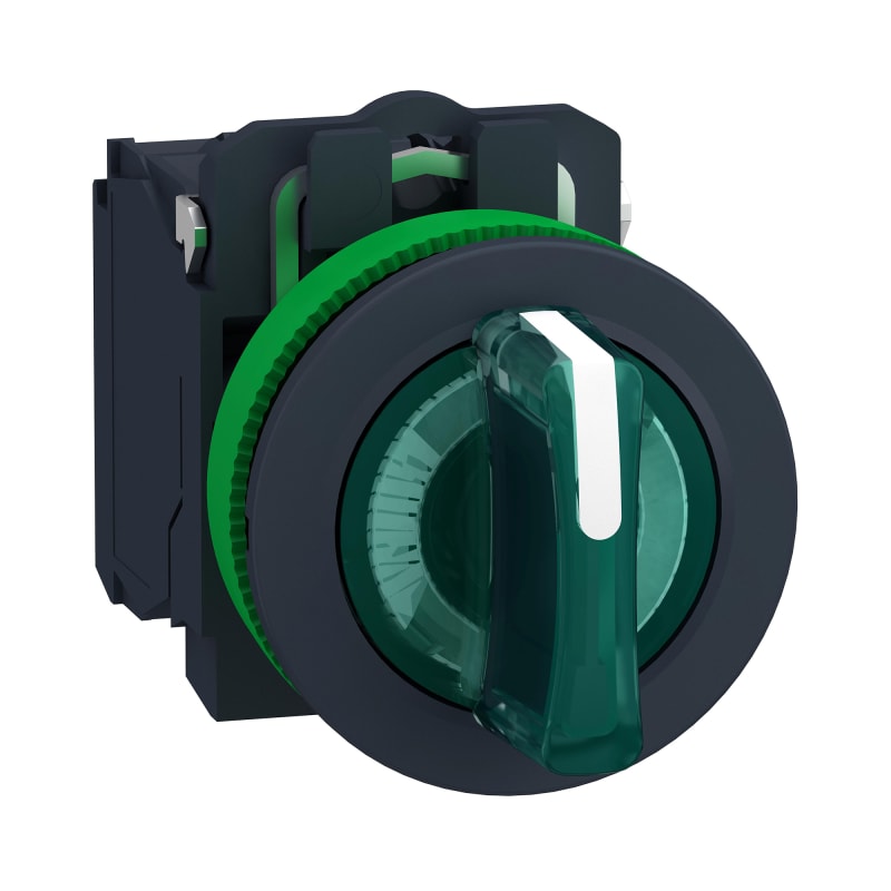 Schneider Electric Illuminated selector switch, Harmony XB5, grey plastic, green handle, 30mm, universal LED, 3 positions, 1NO + 1NC, 24V AC DC XB5FK133B5