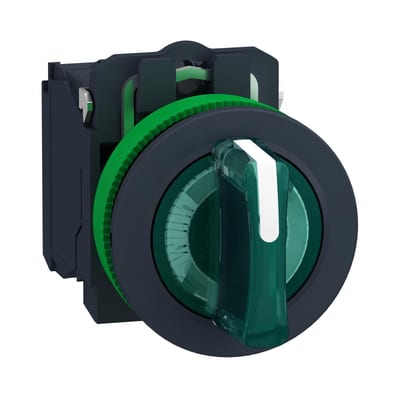 Schneider Electric Illuminated selector switch, Harmony XB5, grey plastic, green handle, 30mm, universal LED, 3 positions, 1NO + 1NC, 110...120V AC XB5FK133G5