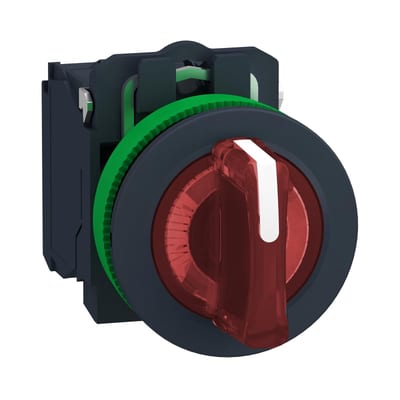 Schneider Electric Illuminated selector switch, Harmony XB5, grey plastic, red handle, 30mm, universal LED, 3 positions, 1NO + 1NC, 24V AC DC XB5FK134B5