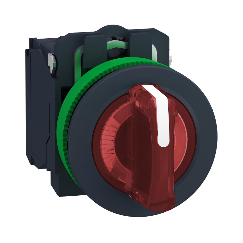 Schneider Electric Illuminated selector switch, Harmony XB5, grey plastic, red handle, 30mm, universal LED, 3 positions, 1NO + 1NC, 230...240V AC XB5FK134M5