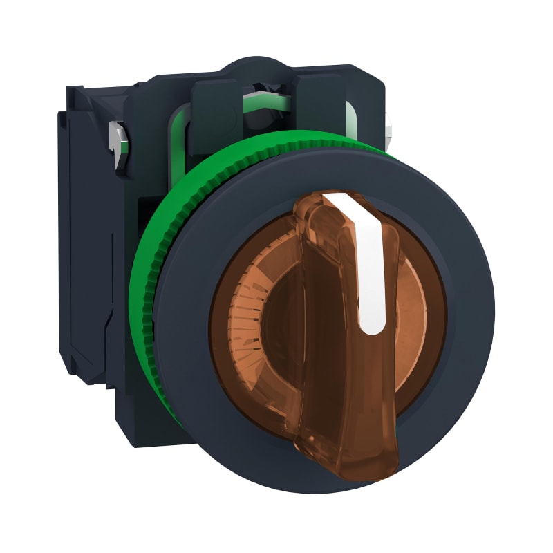 Schneider Electric Illuminated selector switch, Harmony XB5, grey plastic, orange handle, 30mm, universal LED, 3 positions, 1NO + 1NC, 24V AC DC XB5FK135B5