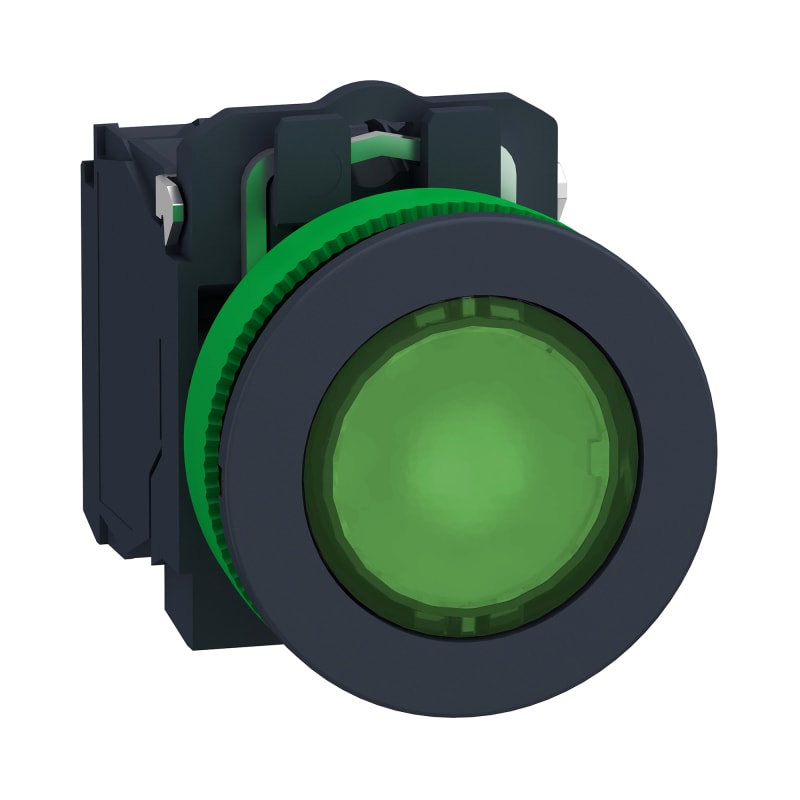 Schneider Electric Illuminated push button, Harmony XB5, plastic, green, 30mm, universal LED, 1NO + 1NC, 230…240V AC XB5FW33M5