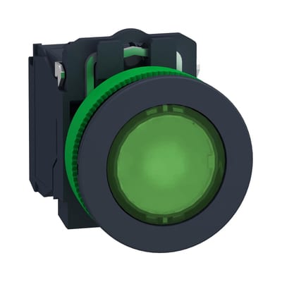 Schneider Electric Illuminated push button, Harmony XB5, plastic, green, 30mm, universal LED, 1NO + 1NC, 230…240V AC XB5FW33M5