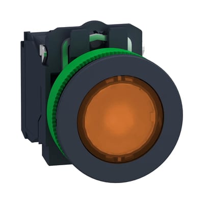 Schneider Electric Illuminated push button, Harmony XB5, orange, 30mm, universal LED, 1NO + 1NC, 110...120V AC XB5FW35G5