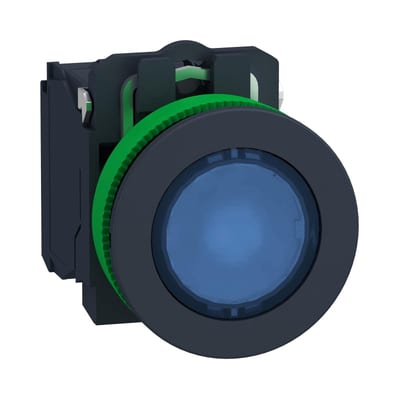 Schneider Electric Illuminated push button, Harmony XB5, plastic, blue, 30mm, universal LED, 1NO + 1NC, 24V AC DC XB5FW36B5
