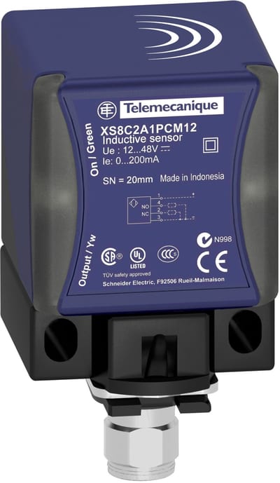 Telemecanique OsiSense XS8C2A1DAM12 Inductive Proximity Sensor — 40 × 40 × 70 mm block, Sn 20 mm, 2-Wire DC, NO, M12 connector (4-Pin)