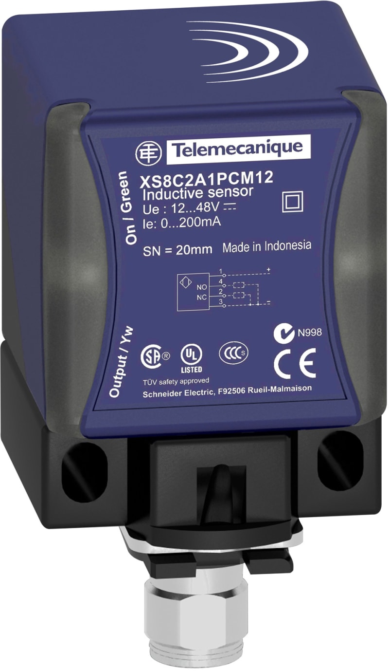Telemecanique OsiSense XS8C2A1MAU20 Inductive Proximity Sensor — 40 × 40 × 70 mm block, Sn 20 mm, 2-Wire AC/DC, NO, screw terminals