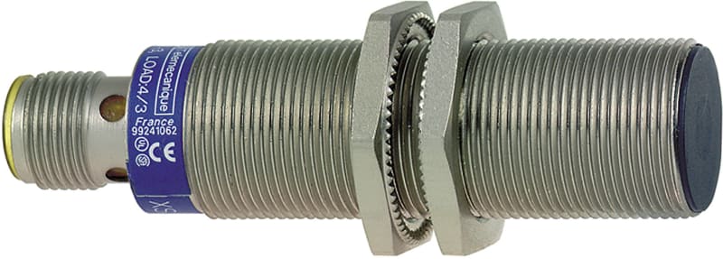 Telemecanique OsiSense XS1M18KP340D Inductive Proximity Sensor — M18 barrel, Sn 5 mm, PNP or NPN, programmable, NO or NC, M12 connector (4-Pin)