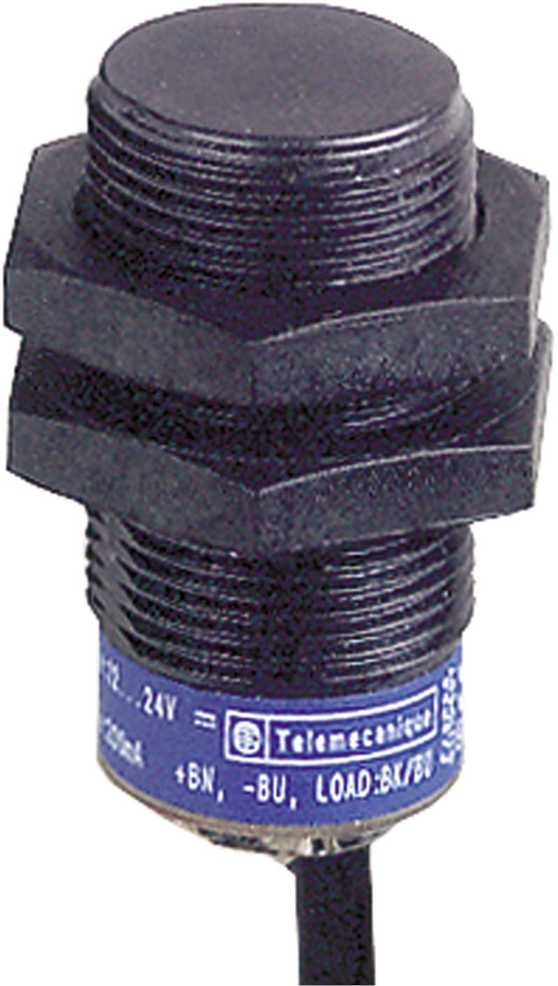 Telemecanique OsiSense XS4P18KP340 Inductive Proximity Sensor — M18 barrel, Sn 8 mm, PNP or NPN, programmable, NO or NC, pre-wired cable (2 m)