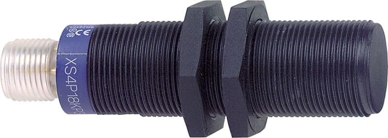 Telemecanique OsiSense XS4P18KP340D Inductive Proximity Sensor — M18 barrel, Sn 8 mm, PNP or NPN, programmable, NO or NC, M12 connector (4-Pin)