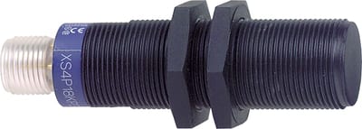 Telemecanique OsiSense XS4P18KP340D Inductive Proximity Sensor — M18 barrel, Sn 8 mm, PNP or NPN, programmable, NO or NC, M12 connector (4-Pin)