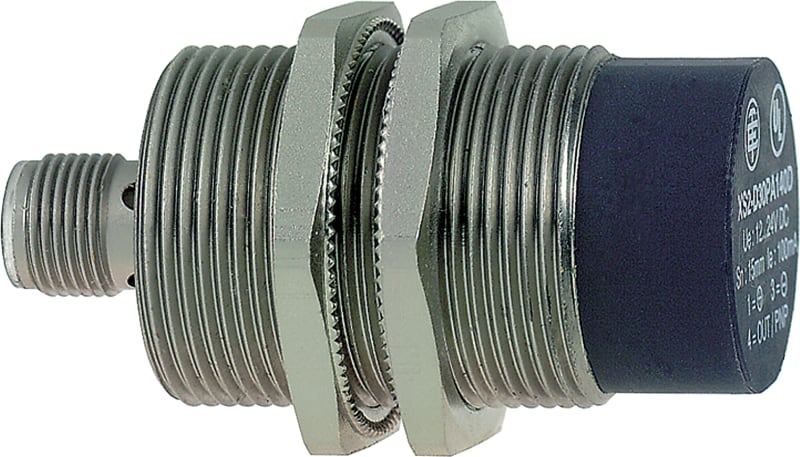 Telemecanique OsiSense XS2M30KP340D Inductive Proximity Sensor — M30 barrel, Sn 4 mm, PNP or NPN, programmable, NO or NC, M12 connector (4-Pin)