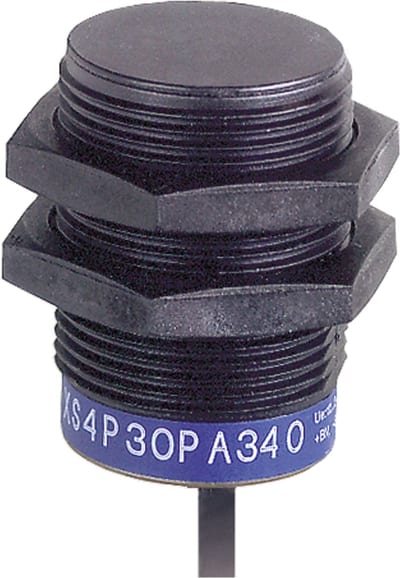Telemecanique OsiSense XS4P30KP340 Inductive Proximity Sensor — M30 barrel, Sn 15 mm, PNP or NPN, programmable, NO or NC, pre-wired cable (2 m)