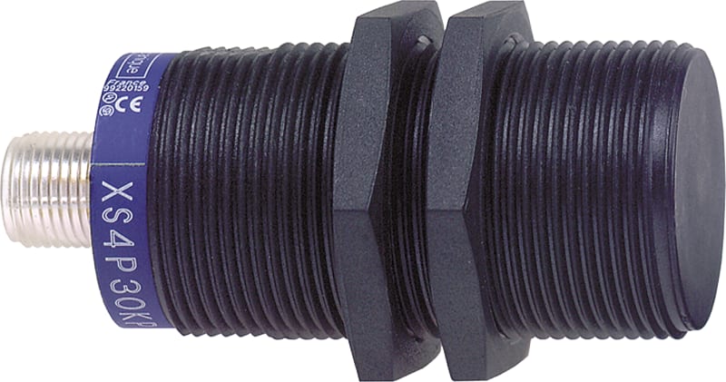 Telemecanique OsiSense XS4P30KP340D Inductive Proximity Sensor — M30 barrel, Sn 15 mm, PNP or NPN, programmable, NO or NC, M12 connector (4-Pin)