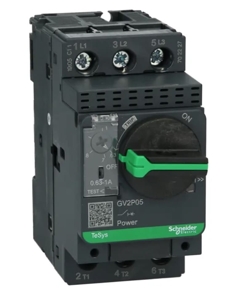 Schneider Electric Motor circuit breaker, TeSys GV2, 3P, 0.63-1 A, thermal magnetic, screw clamp terminals GV2P05