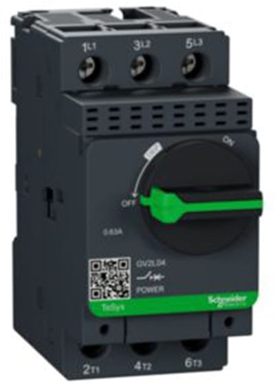 Schneider Electric Motor circuit breaker, TeSys GV2, 3P, 0.63 A, magnetic, rotary handle, screw clamp terminals GV2L04