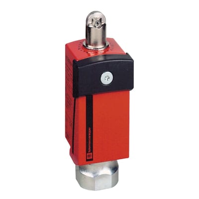 Telemecanique XCSD safety limit switch, metal body, roller plunger head, snap action, 2 NC + 1 NO with positive opening, M20 x 1.5 cable entry, IP66/IP67 XCSD3902P20