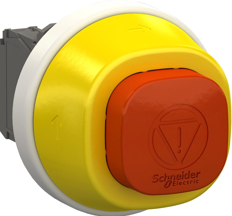 Schneider Electric Illuminated emergency stop, Harmony XB5, plastic, 22mm, trigger latching turn to release, white red LED, 24V AC DC, 1 NO + 2 NC XB5AS84W3B41