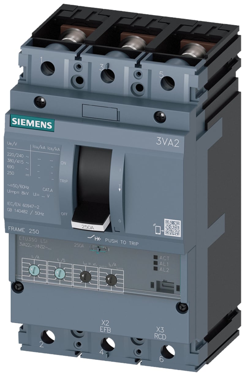 Siemens MCCB_3VA22_3P_55KA_ETU350,LSI,IN=160A,IR=64A-160A,ISD=1,5-10XIR,II=12XIN,B