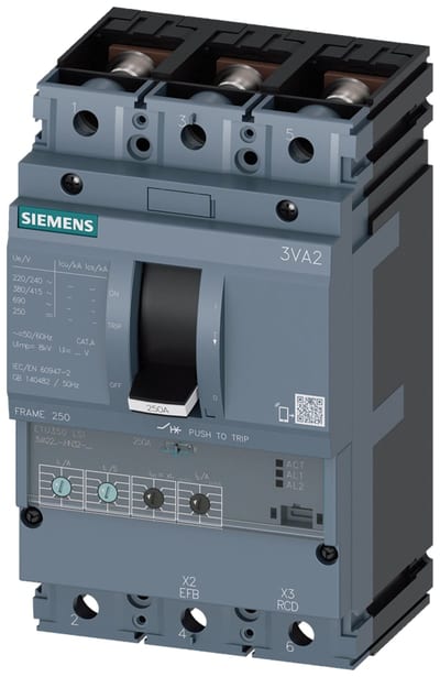 Siemens MCCB_3VA22_3P_55KA_ETU350,LSI,IN=160A,IR=64A-160A,ISD=1,5-10XIR,II=12XIN,B