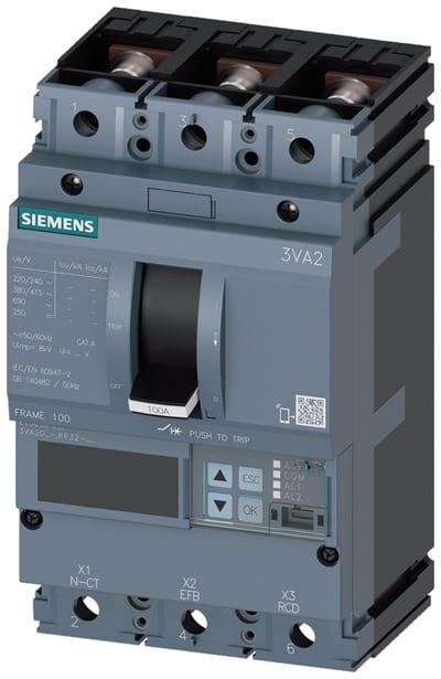 Siemens MCCB_3VA20_3P_55KA_ETU850,LSI,IN=100A,IR=40A-100A,ISD=0,6-10XIN,II=1,5-12XIN,B