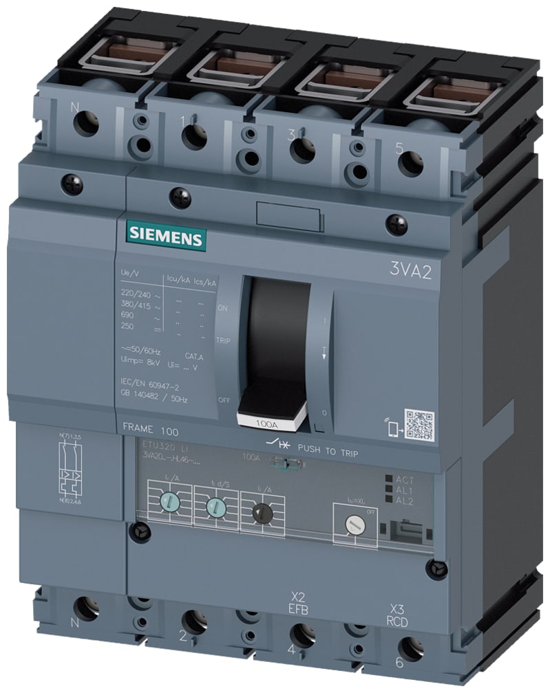 Siemens MCCB_3VA20_4P_55KA_ETU320_,LI,IN=100A,IR=40A-100A,II=1,5-12XIN,,terminal Cu